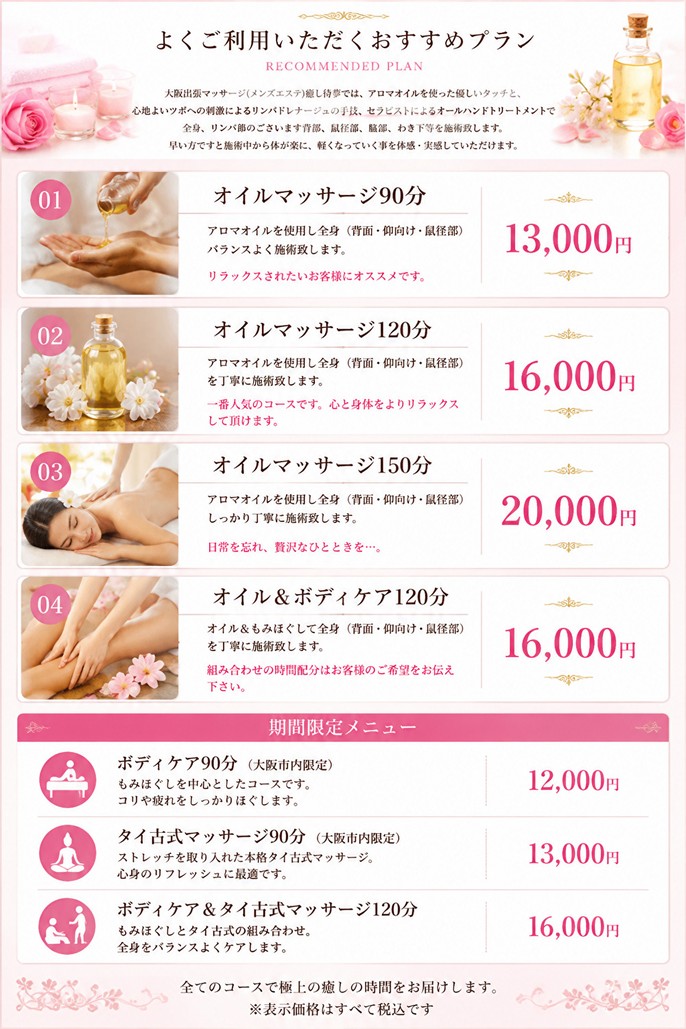 バラやキャンドル背景のリラクゼーションメニュー表、オイルマッサージ各コースと料金が並ぶ。